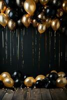 AI generated sophisticated black and gold balloon background photo