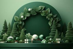 AI generated christmas stage on green background with christmas gifts, photo