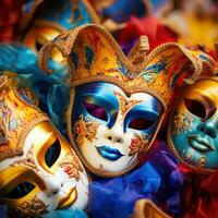 ai generado vistoso carnaval mascaras en contra un vibrante fondo, foto