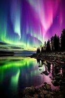 AI generated vibrant colors of the Northern Lights, with green and purple hues dancing across the sky. photo