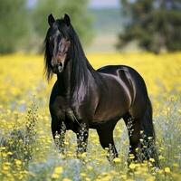 ai generado un sorprendentes negro caballo con lustroso Saco y perforación ojos, en pie en un campo de flores silvestres foto