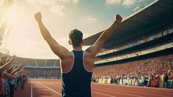 AI generated A runner crossing the finish line at a race, with a crowd cheering in the background photo