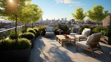 AI generated serene rooftop garden with a variety of plants, a stylish seating area, photo