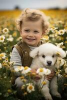 ai generado pequeño chico sentado en un campo de flores con un bebé Cordero abrazado arriba siguiente a él foto