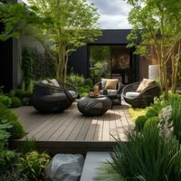 AI generated a modern garden with a unique set of outdoor furniture, well-maintained greenery photo