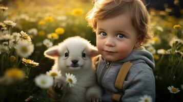 ai generado pequeño chico sentado en un campo de flores con un bebé Cordero abrazado arriba siguiente a él foto