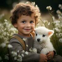 ai generado pequeño chico sentado en un campo de flores con un bebé Cordero abrazado arriba siguiente a él foto