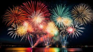 AI generated spectacular fireworks display against a carnival backdrop. photo