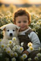 ai generado pequeño chico sentado en un campo de flores con un bebé Cordero abrazado arriba siguiente a él foto