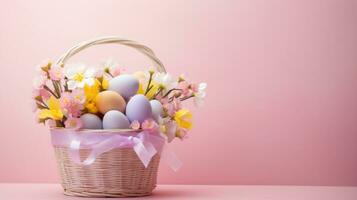 AI generated Easter basket filled with eggs andfluttering butterflies, set against a light pink background photo