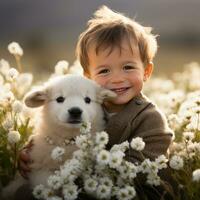 ai generado pequeño chico sentado en un campo de flores con un bebé Cordero abrazado arriba siguiente a él foto