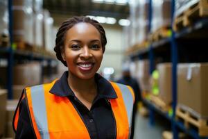 AI generated Portrait of smiling female warehouse worker standing with staff in background at warehouse photo