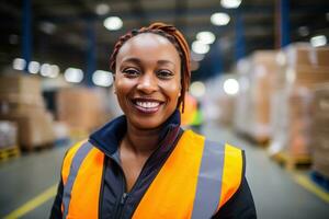 AI generated Portrait of smiling female warehouse worker standing with staff in background at warehouse photo