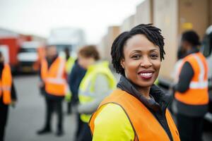 AI generated Portrait of smiling female warehouse worker standing with staff in background at warehouse photo