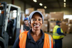 AI generated Portrait of smiling female warehouse worker standing with staff in background at warehouse photo