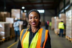 AI generated Portrait of smiling female warehouse worker standing with staff in background at warehouse photo