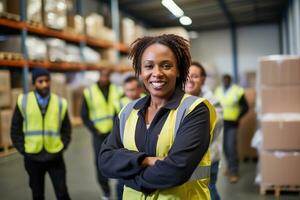 AI generated Portrait of smiling female warehouse worker standing with staff in background at warehouse photo