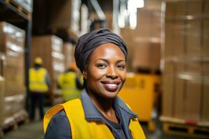 AI generated Portrait of smiling female warehouse worker standing with staff in background at warehouse photo