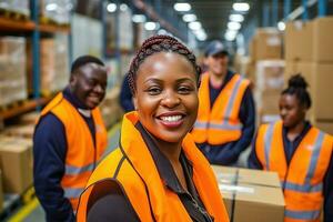 AI generated Portrait of smiling female warehouse worker standing with staff in background at warehouse photo