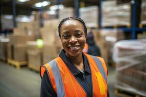 AI generated Portrait of smiling female warehouse worker standing with staff in background at warehouse photo