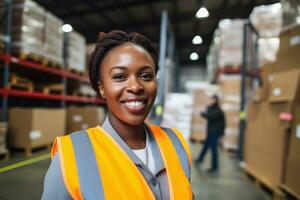 AI generated Portrait of smiling female warehouse worker standing with staff in background at warehouse photo