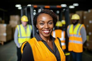 ai generado retrato de sonriente africano americano hembra almacén trabajador en pie en almacén con colegas en antecedentes foto