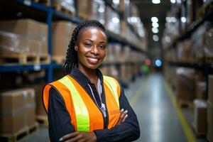 ai generado retrato de sonriente africano americano hembra almacén trabajador en pie en almacén con colegas en antecedentes foto