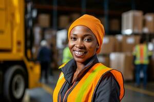 AI generated Portrait of smiling female warehouse worker standing with staff in background at warehouse photo