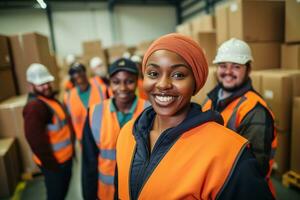 ai generado retrato de sonriente africano americano hembra almacén trabajador en pie en almacén con colegas en antecedentes foto