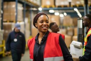 AI generated Portrait of smiling female warehouse worker standing with staff in background at warehouse photo