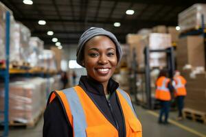 AI generated Portrait of smiling female warehouse worker standing with staff in background at warehouse photo