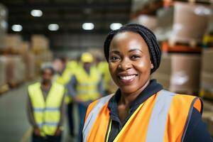 AI generated Portrait of smiling female warehouse worker standing with staff in background at warehouse photo