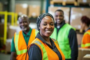 AI generated Portrait of smiling female warehouse worker standing with staff in background at warehouse photo