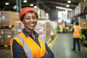 AI generated Portrait of smiling female warehouse worker standing with staff in background at warehouse photo