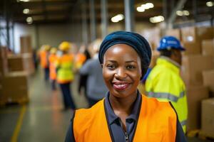 AI generated Portrait of smiling female warehouse worker standing with staff in background at warehouse photo