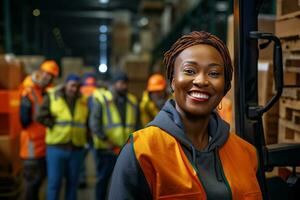 AI generated Portrait of smiling female warehouse worker standing with staff in background at warehouse photo