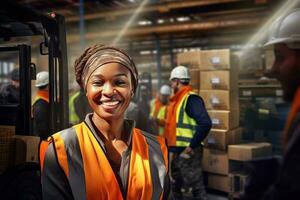 AI generated Portrait of smiling female warehouse worker standing with staff in background at warehouse photo