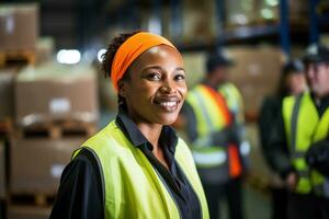 AI generated Portrait of smiling female warehouse worker standing with staff in background at warehouse photo