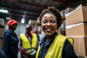 ai generado retrato de sonriente africano americano hembra almacén trabajador en pie en almacén con colegas en antecedentes foto