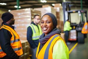 AI generated Portrait of smiling female warehouse worker standing with staff in background at warehouse photo
