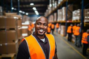 AI generated Portrait of smiling female warehouse worker standing with staff in background at warehouse photo