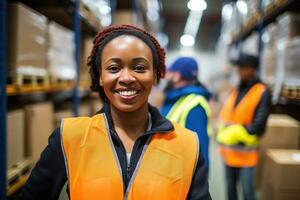 AI generated Portrait of smiling female warehouse worker standing with staff in background at warehouse photo