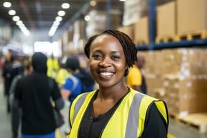 ai generado retrato de sonriente africano americano hembra almacén trabajador en pie en almacén con colegas en antecedentes foto