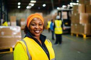 ai generado retrato de sonriente africano americano hembra almacén trabajador en pie en almacén con colegas en antecedentes foto