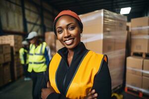AI generated Portrait of smiling african american female warehouse worker standing in warehouse with colleagues in background photo