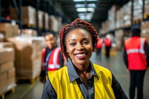 AI generated Portrait of smiling african american female warehouse worker standing in warehouse with colleagues in background photo