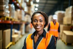 AI generated Portrait of smiling female warehouse worker standing with staff in background at warehouse photo