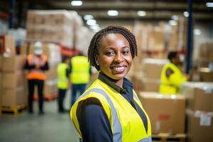 AI generated Portrait of smiling african american female warehouse worker standing in warehouse with colleagues in background photo