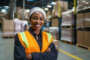 AI generated Portrait of smiling african american female warehouse worker standing in warehouse with colleagues in background photo