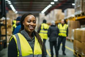 ai generado retrato de sonriente africano americano hembra almacén trabajador en pie en almacén con colegas en antecedentes foto